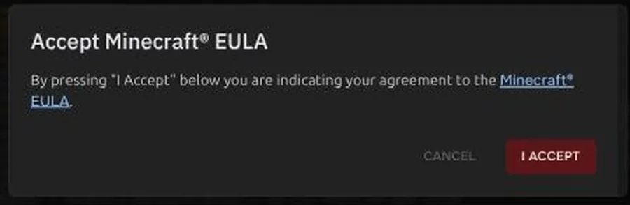 The Accept Minecraft EULA dialog in the Console
