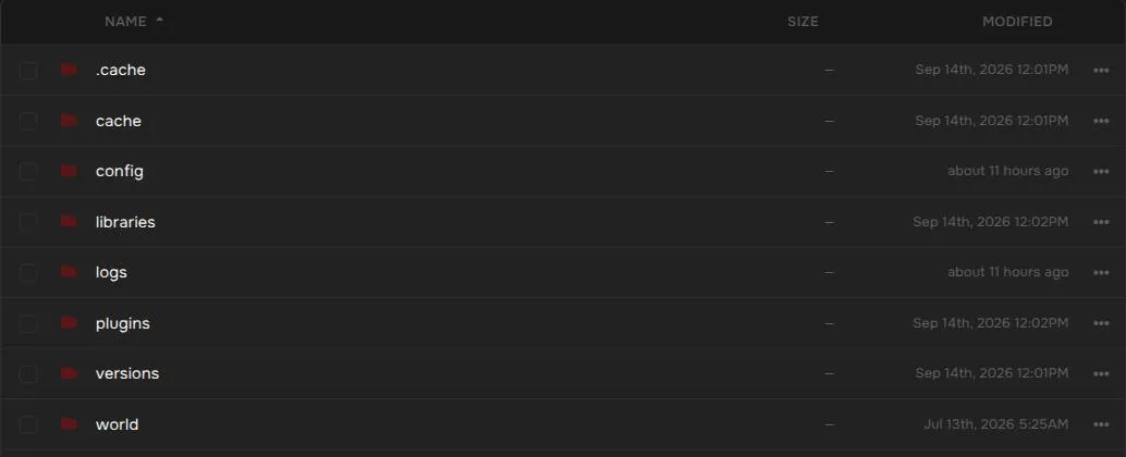 The Files page with the world folder listed