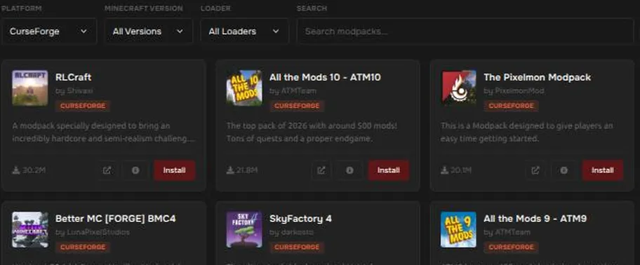 The Modpacks page with platform, version, and loader filters