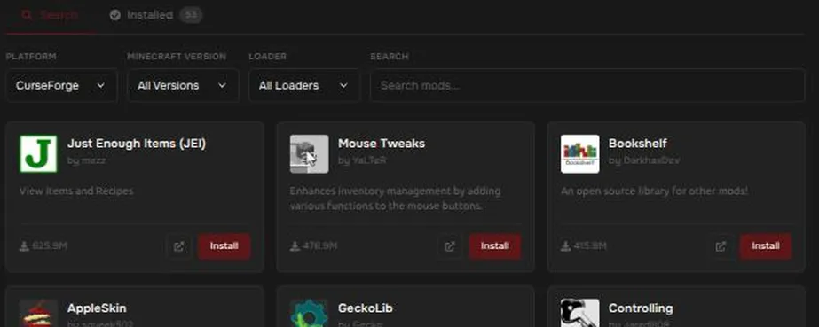 The Mods page with Search and Installed tabs