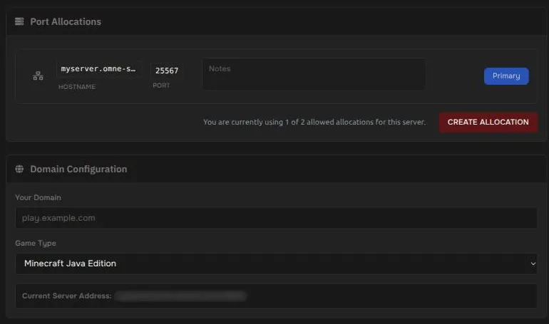 The Network page showing the hostname and port