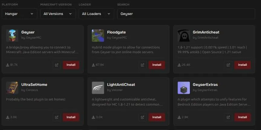 Searching for Geyser on the Hangar platform in the Plugins page