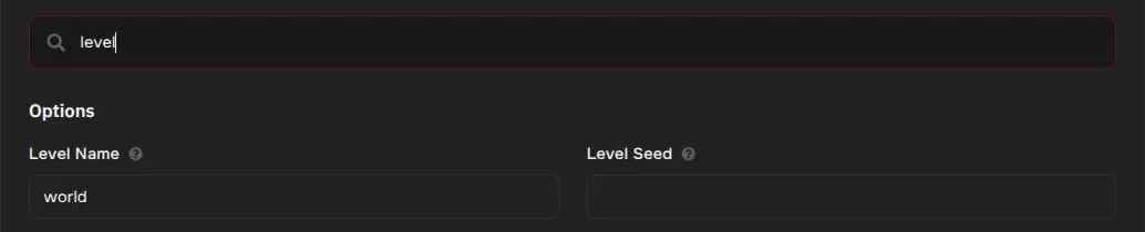 The Properties page showing the Level Name and Level Seed fields