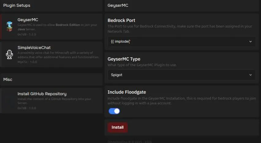 The GeyserMC template in the Templates page