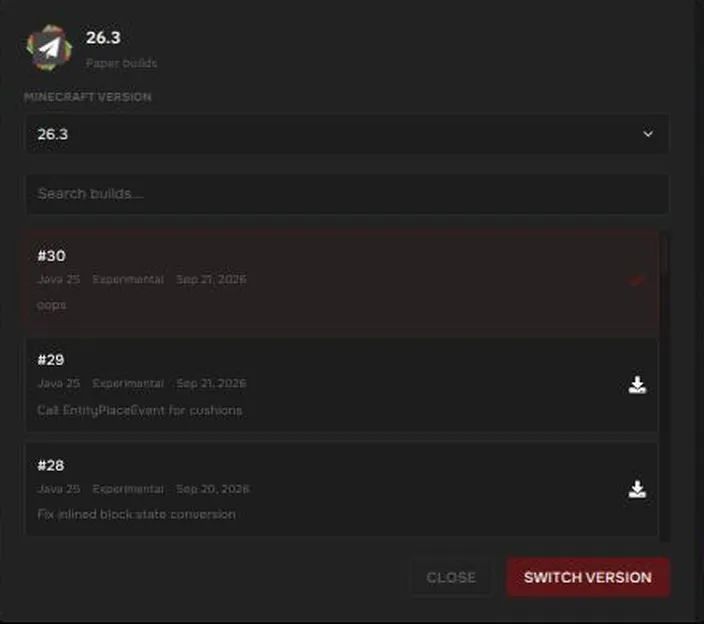 Choosing a Paper build in the Minecraft Version page