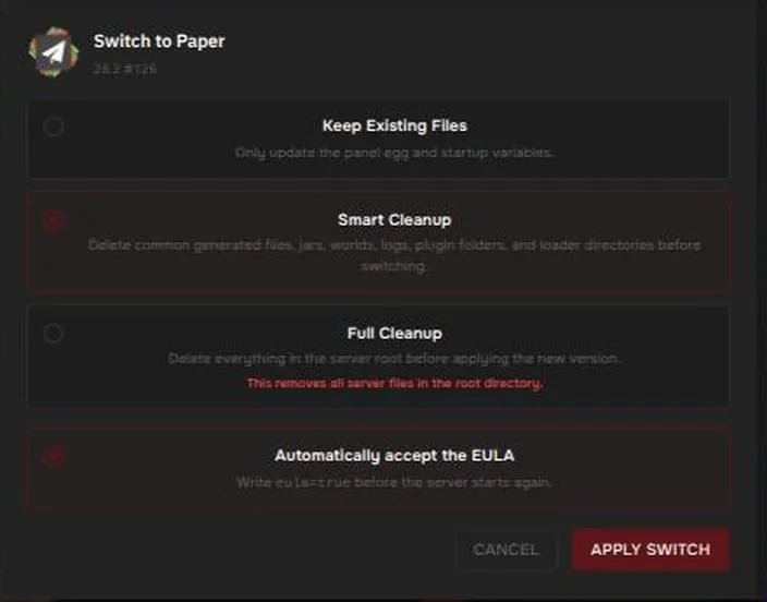 The switch dialog with the cleanup options